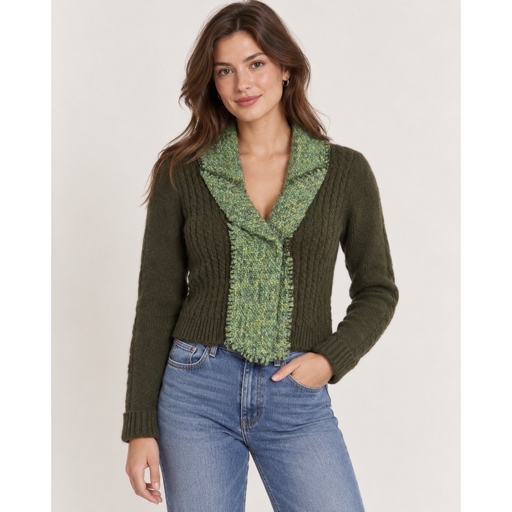 Guinevere Anthropologie Women's S Green Cable Knit Wool Blend Cardigan Sweater